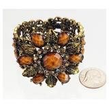 Brass, Amber Tone Rhinestone Hinged Cuff Bracelet