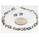 Sterling Silver Amethyst Bracelet, Earrings 13.15g