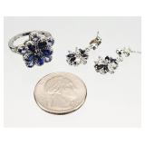 .925 Sterling Silver Sapphire Earrings, Ring 8.23g