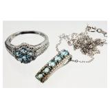 .925 Sterling Silver Aqua Marine Necklace, Ring 5g