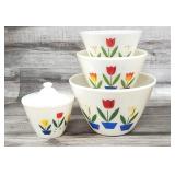 5pc Fire King Glass Tulip Mixing Bowls, Grease Jar