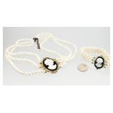 Multi Strand Baroque Pearl Cameo Necklace Bracelet