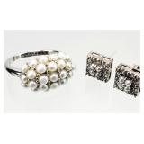 .925 Sterling Silver Pearl Earrings, Ring 5.31g