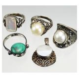 7pc Sterling Silver Ring, Pendant 36.15g