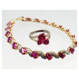 Sterling Gold & Silver Tone Ruby Bracelet RING 16g