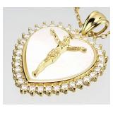 .925 Gold Tone MOP Christ on Heart Pend Necklace