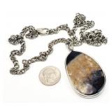 Banded Onyx, Cabochon Silver Tone Necklace Pend.