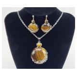 3pc Stainless Steel Tigers Eye Necklace & Earrings