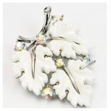 Vtg Lisner Milk White Aurora Borealis Leaf Brooch