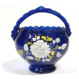 Unusual Hand Painted Cobalt Blue Glass Basket