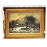 Artist Signed Winter Landscape Framed Oil Painting