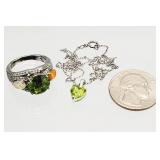 .925 Sterling Silver Peridot Necklace, Ring 7.41g