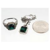 Sterling Silver Emerald Necklace, Ring 6.86g