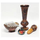 4pc Wood Carved Vase, Rattle, Parrot Box, Chime
