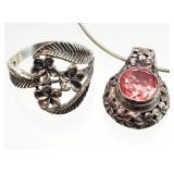 .925 Sterling Silver Necklace Pendant, Ring 12g