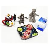 5pc Pewter Fig, Enameled Tray, Teapot, Paperweight