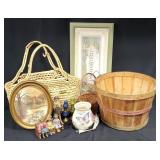 10pc Basket, Frames, Figurines, Mini Oil Lamps +