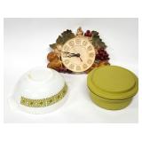 3pc Pyrex Dish, Tupperware Bowl, Kitchen Clock