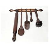 Vtg Wall Hanging Wood Kitchen Utensils & Rack