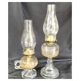 Vtg Clear Glass Oil Lamps w/ Chimneys