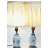 Vtg Cast Metal & Glass Blue Floral Table Lamps