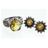 3pc Sterling Silver Citrine Ring & Earrings