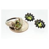 3pc Sterling Silver Ring & Peridot Earrings