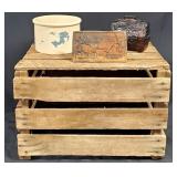 4pc Wood Crate, Bacon Press, Crock, Glass Bank
