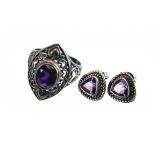 3pc Sterling Silver Amethyst Ring & Earrings