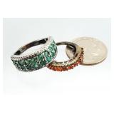 2pc Sterling Silver Green & Orange Ladies Rings
