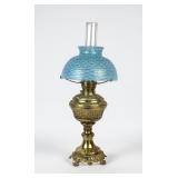 GWTW Brass Oil Lamp With Fenton Blue Glass Shade