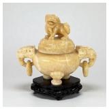 Carved Yellow Soapstone Censer with Foo Dog Lid on