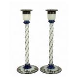 Pair Of Fry Foval Delft Blue Silver Overlay Candle