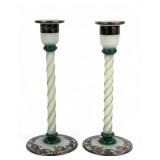 Pair Of Fry Foval Jade Green Silver Overlay 10" C