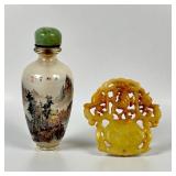 Reverse Painted Snuff Bottle and Carved Jadeite Pe