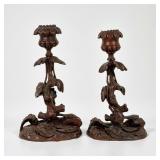 Pair of Black Forest Carved Candlesticks