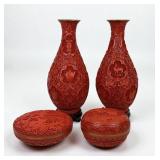 (4pc) Chinese Cinnabar Lacquer Vases Covered Boxes