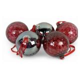 (5) Large Glass Red Ball Holiday Ornaments