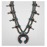 Navajo Silver Turquoise & Coral Squash Blossom Nec