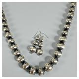 Navajo Sterling Silver Graduated Bead Necklace & E