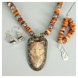 Carved Wolf Pendant & Spiny Oyster, Sterling Silve