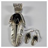 Navajo Sterling Pendant & Earrings Signed "VT"
