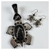C J Sterling SIlver & Black Onyx Turtle Pendant &