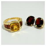 14K Gold & Garnet Ring W/ 14K Gold Garnet Earrings