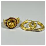 14K Gold & Garnet Ring W/ 14K Gold Earrings