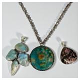 (3) Sterling Pendants w/Stones & (1) Sterling Chai