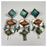 Three Sterling SIlver Turquoise & Coral Pierced Ea