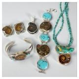 Collection Of Sterling Silver Turquoise & Fossil I