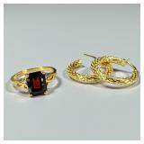 14K Gold Hoop Earrings & Garnett Ring