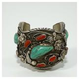 Large Signed Silver Turquoise & Coral Cuff Bracele
